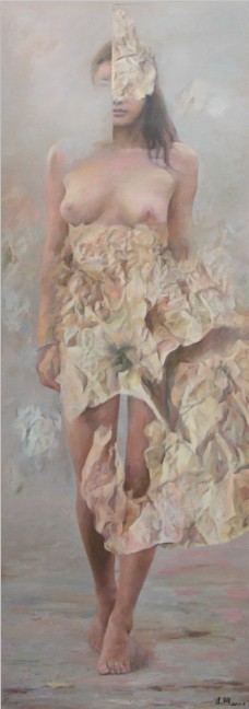 陈建钢《女人与纸》 56x166cm 布面油画