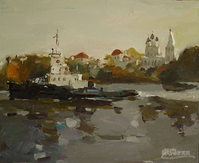 荣.苏和油画作品《伏尔加河的早晨》80cm×65cm 亚麻布.油彩 2006