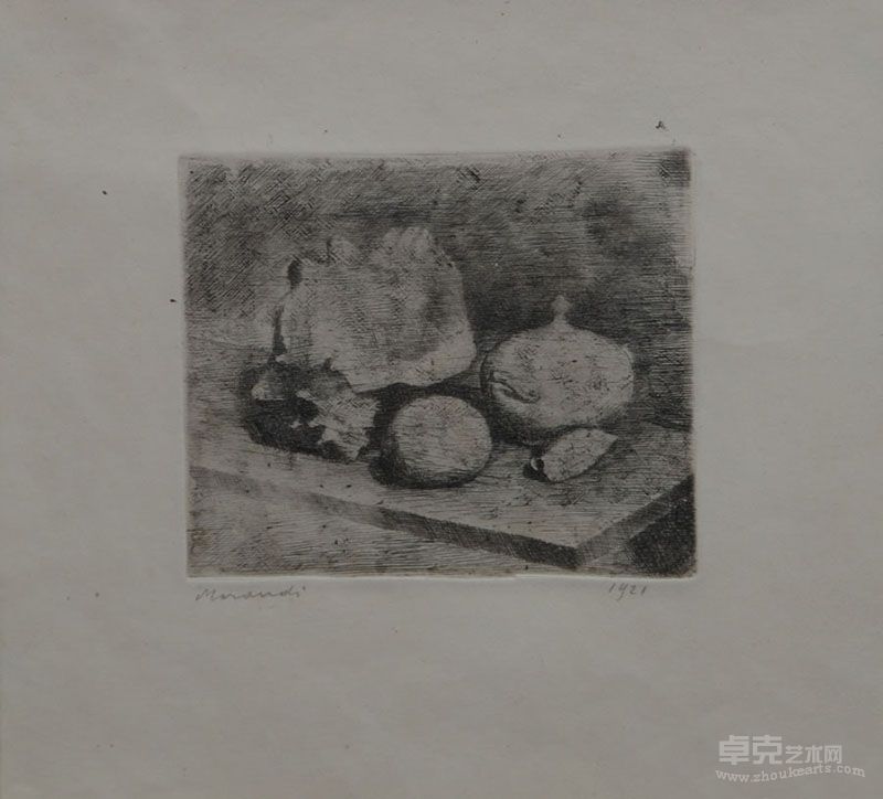 糖碗，贝壳和水果静物  乔治·莫兰迪　创作时间：未知　材质：蚀刻版画