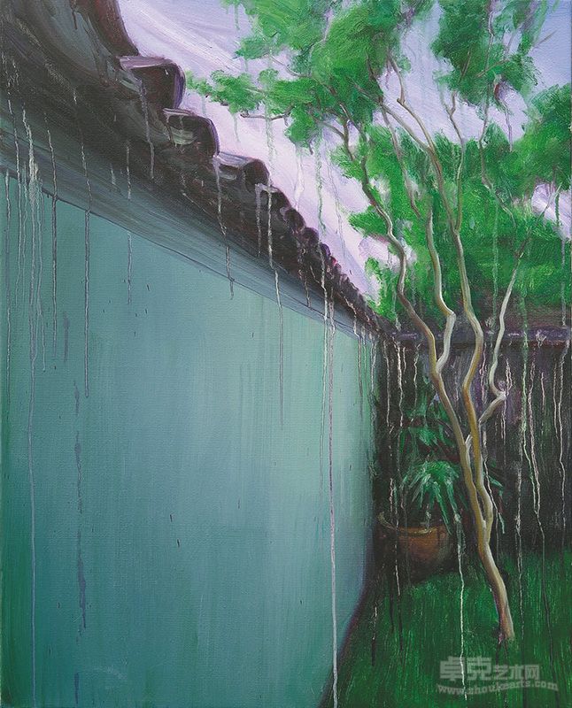 《细密的春雨浸淫着江南深院中勃勃生机的绿色植物》，布面油画，100×80cm，2011年