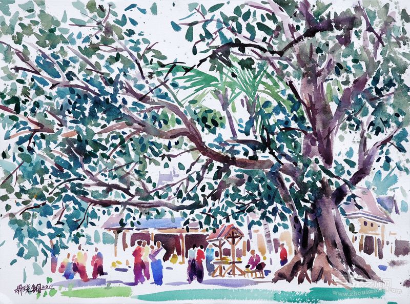胡晓钢作品—大榕树下  56x76cm 2011 阿诗300克冷压水彩纸