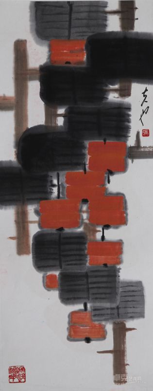 红与黑 纸本墨彩 69X28cm 1988