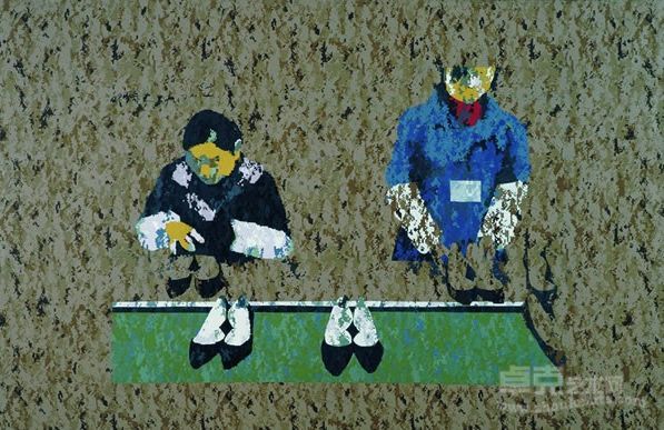 邓猗夫《制鞋厂里的两位女工》数码迷彩布，丙烯，200 x135 cm，2007