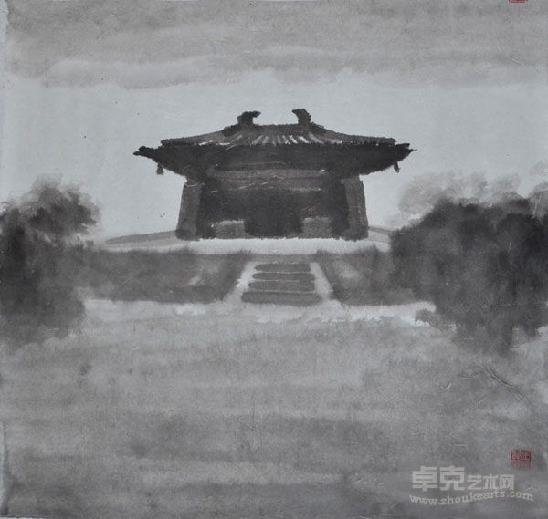 《古建筑系列之八》 材质：纸本　尺寸：68x70cm