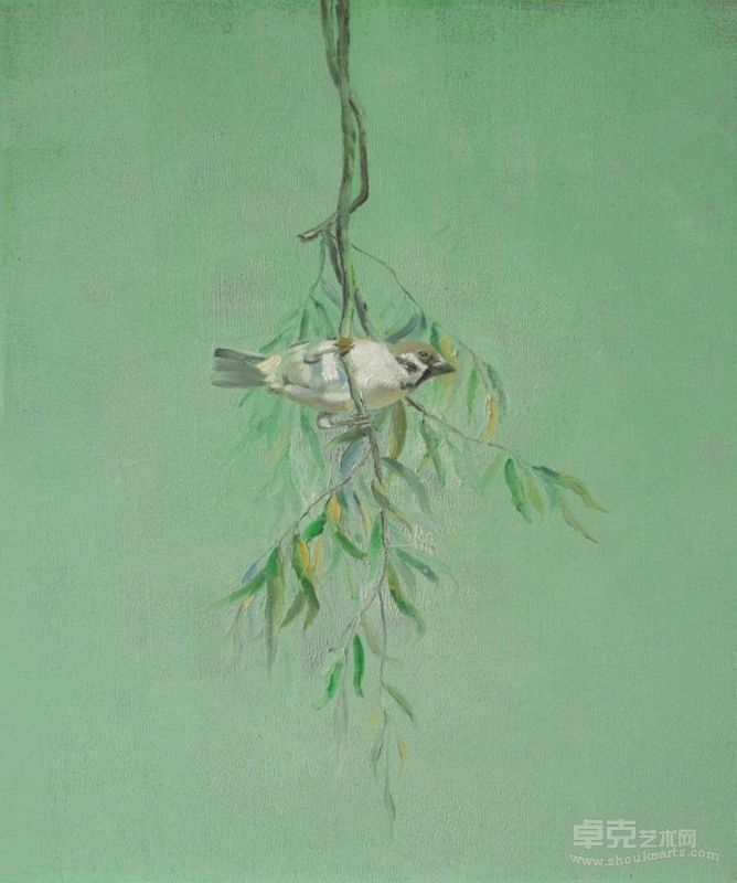 陈建钢《鸟与垂柳》 布面油画  50x60cm