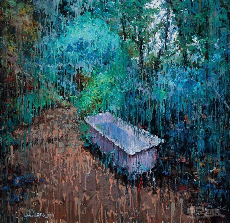 张展《林中小道》  100x100cm 布面油画  张展