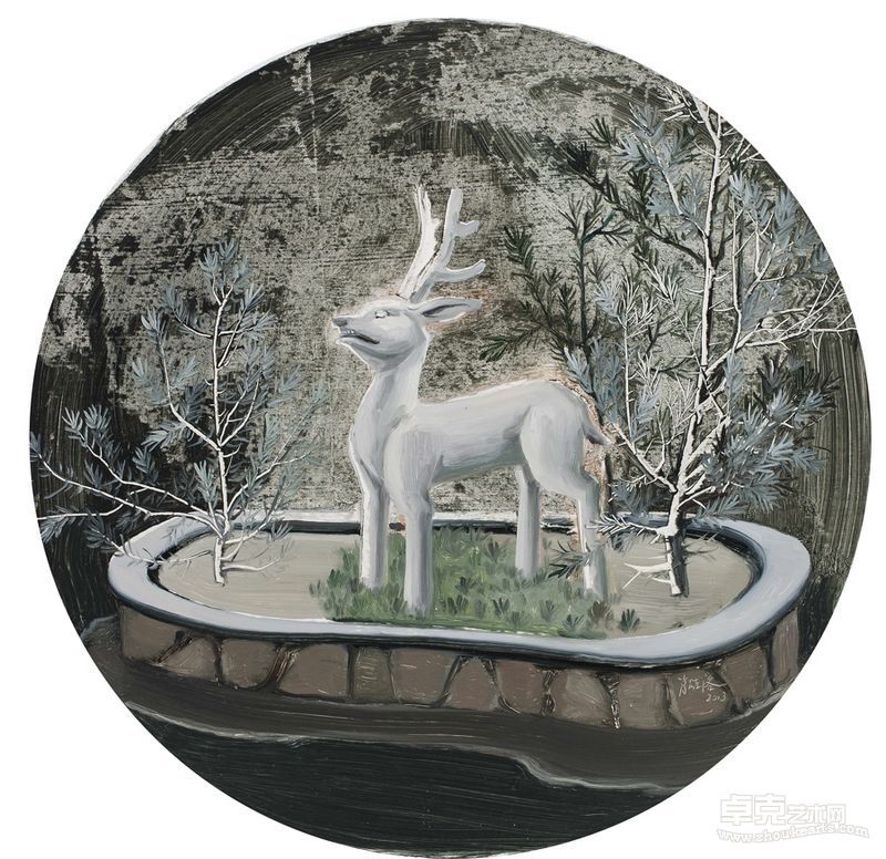 肖喆洛 白鹿青崖间 须行即骑 直径55cm 纸本油彩 2013年
