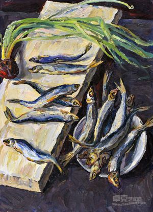干鱼与葱的静物 69.5x49.5cm