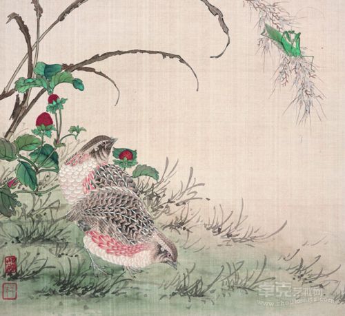 工笔花鸟册之三鹌鹑螳螂