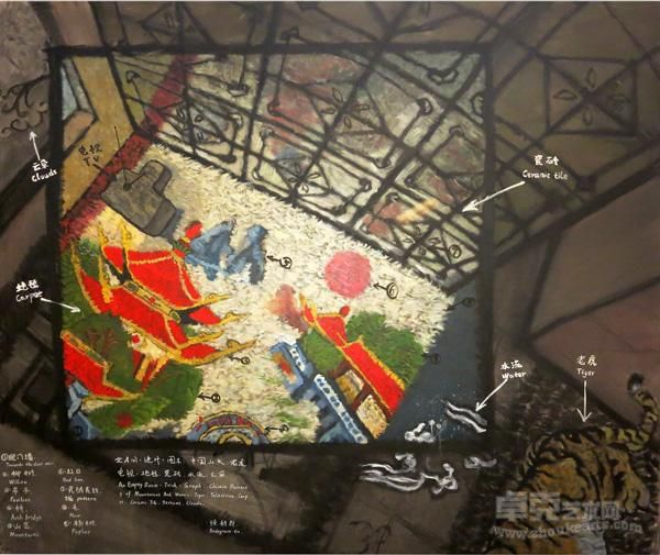 五五：徐新郎：空房间·诡计·图示--中国山水、老虎、电视、地毯、瓷砖、水流、云朵：193x223厘米：布面油画：2012年