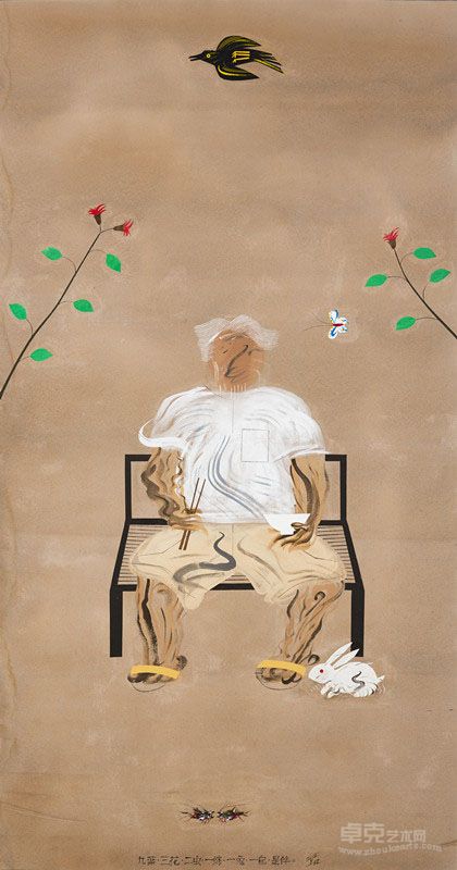 九叶.三花.一蝶.一兔.一鸟，是伴   夏阳 布面丙烯、剪贴、纸本 253x134cm  2012年