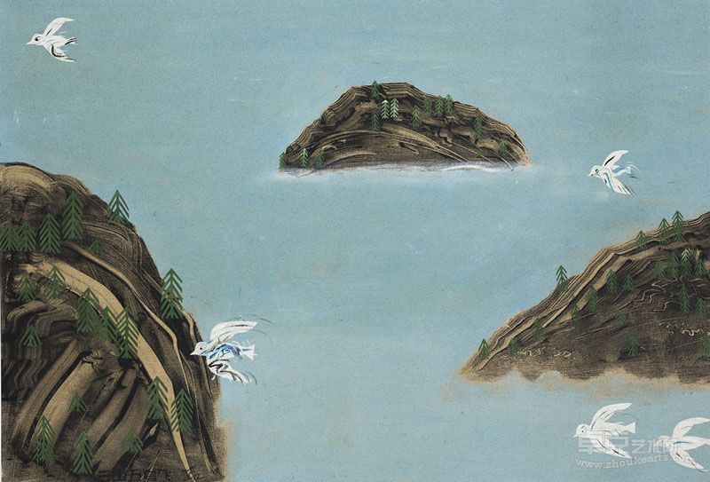 三山五鸟飞 夏阳  布面丙烯、剪贴、纸本 96x140cm  2012年