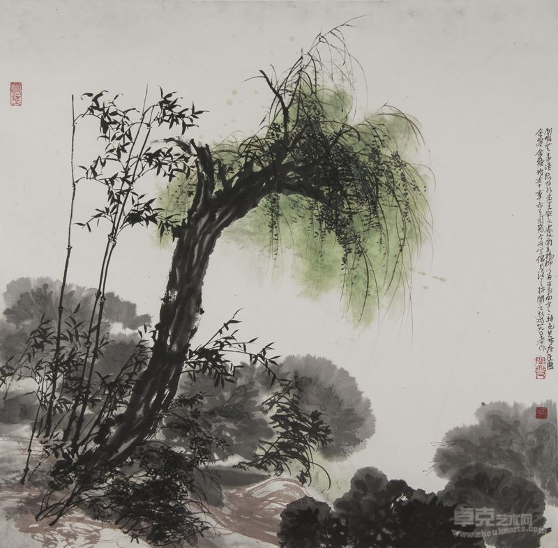 国画 竹柳小圃 杜斌 68×70cm 2013 设色纸本