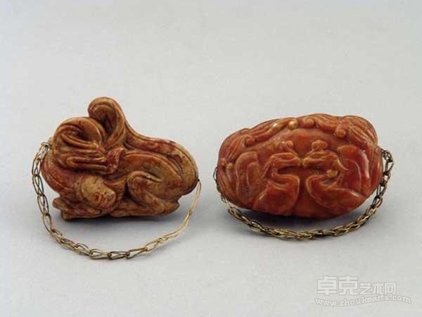 双凤纹琥珀握手、蟠龙纹琥珀握手