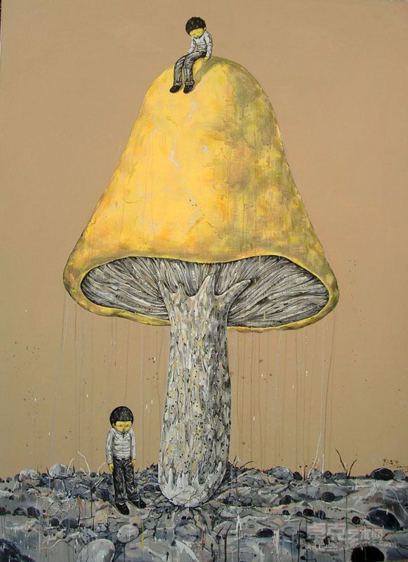 《蘑菇与两个男孩》200x145cm布面丙烯2012年