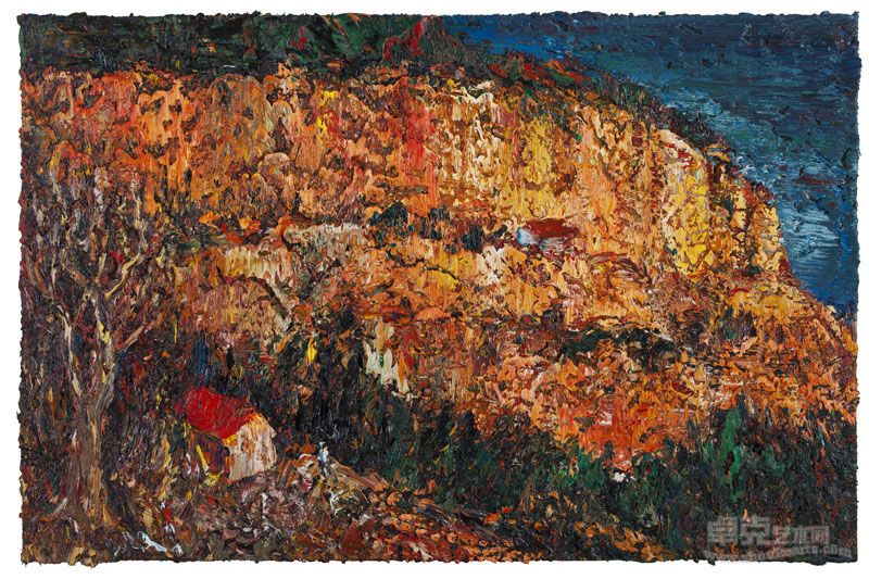 尹朝阳作品 晚山红寺 布面油画 75x115cm 2012年