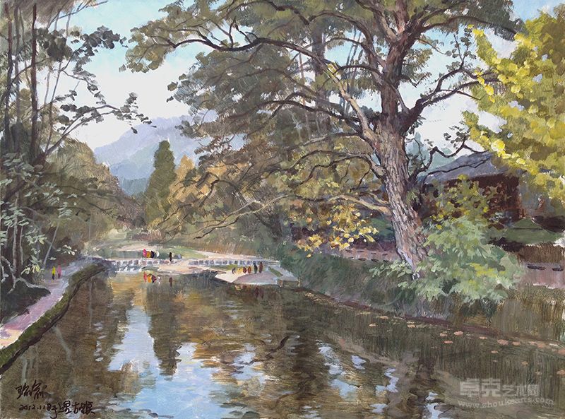 上里古镇系列 古树河滩（80cmx60cm）油画