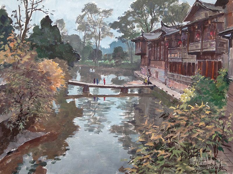 上里古镇系列 石板桥（80cmx80cm）油画
