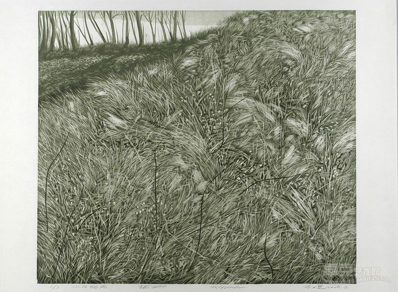万子亮  小风细雨  60cm×70cm 水印木版  2004