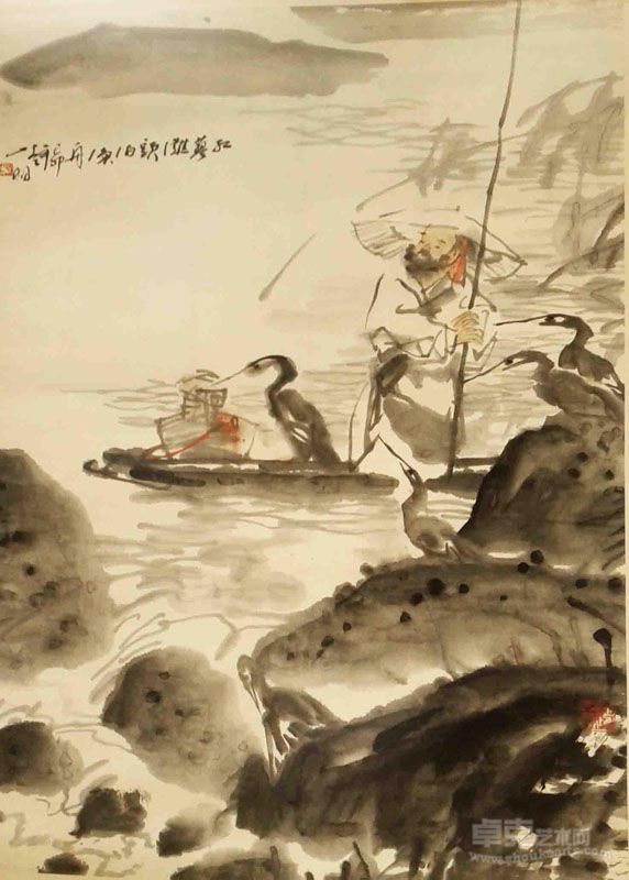 吴山明 江蓼礁一头白一鱼一舟