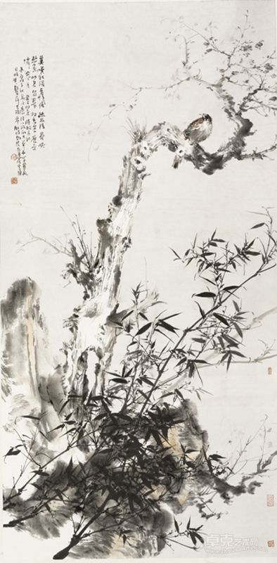 刘明 水墨花鸟 139.5X70cm 镜片