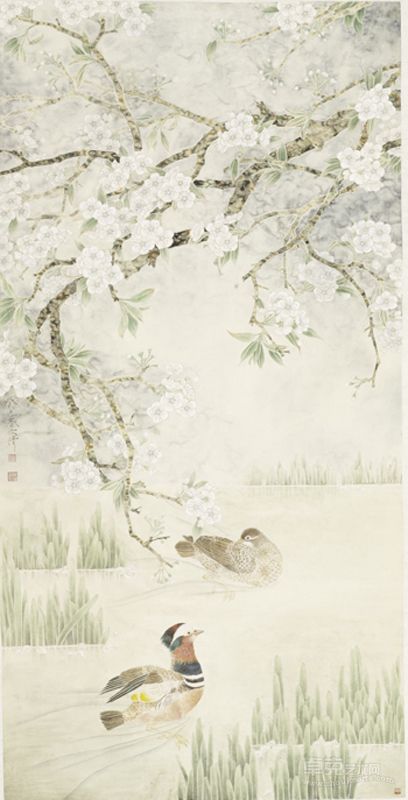 卢文清 工笔花鸟 133X66.5cm 镜片
