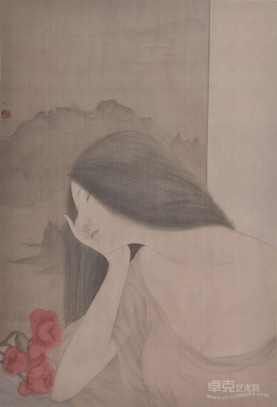 司子鸣罂粟仕女绢本56乘38