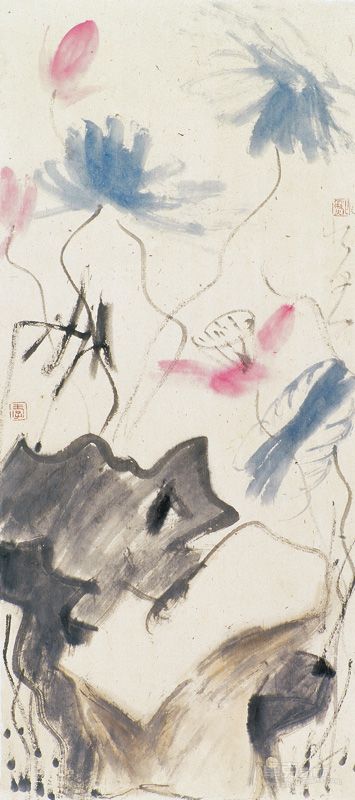 季酉辰  石与荷花    88×38cm     季酉辰作于2005年