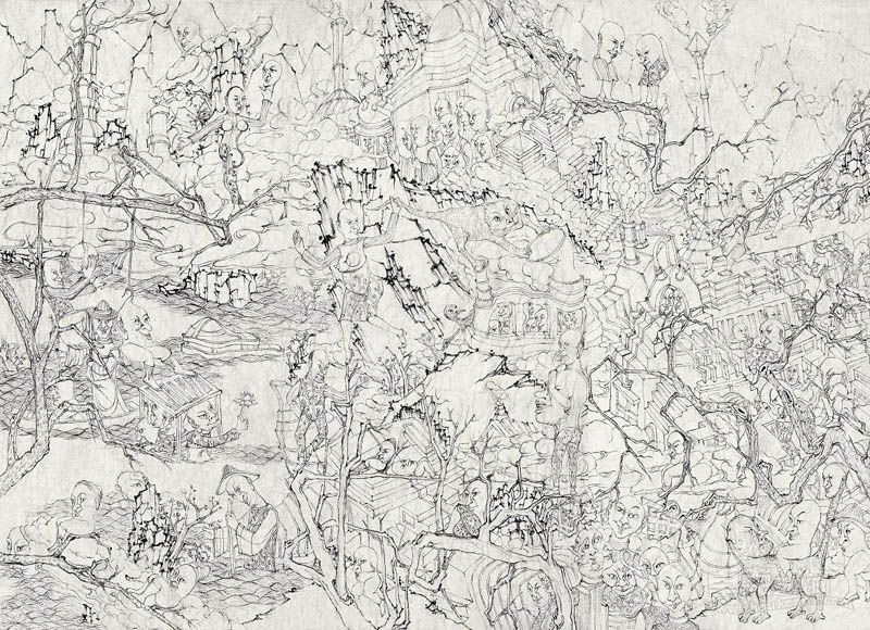 极乐仙居0506-1  水墨纸本线描  27×21cm   2007