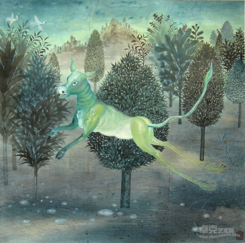 李富绘画《田园风-空间》系列之001，68x68cm纸本彩墨