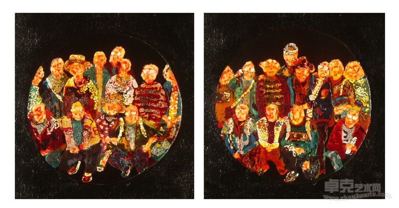 范少辉 《合影系列》（40cm×38cm×2）2012年，漆画