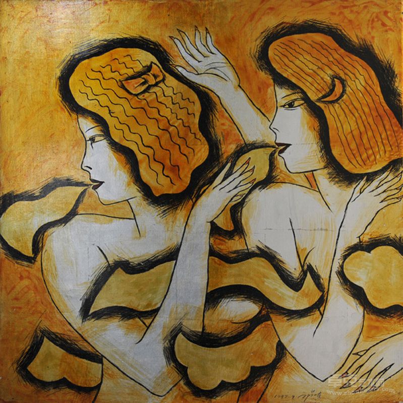郭晓东 漆画《如花姑娘》60-60cm