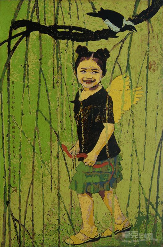 未明漆画《向宋画致敬！--童真年代之二 》木板上天然漆 122cm×80cm  2010年