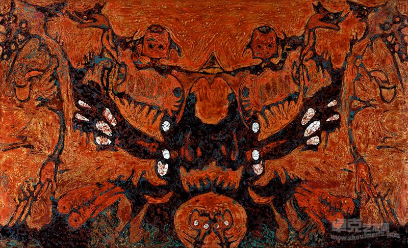张跃平 极地魂，122cm×200cm，大漆、色漆、金银箔、蛋壳，2012年