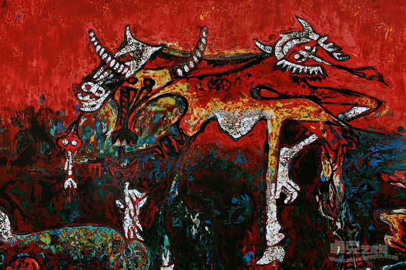 张跃平 志存高远，122cm×200cm，大漆、色漆、金银箔、蛋壳，2012年