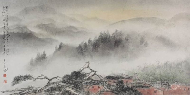 《埔里清晨》, 纸本设色, 49X96cm