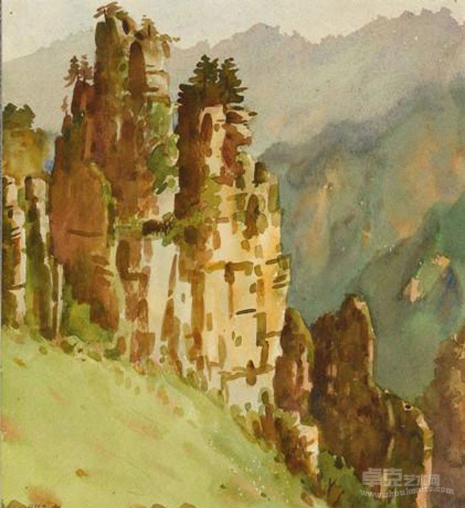 《石笋夕照》 纸本水彩   殷保康 33×28cm 1983年