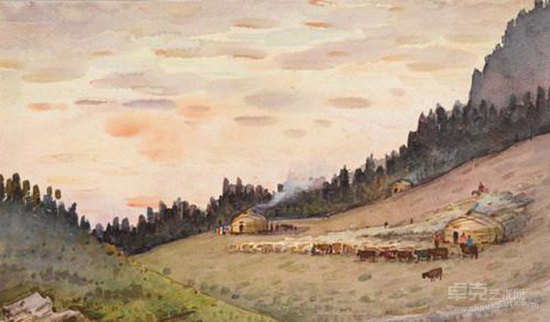 《天山牧场暮色》纸本水彩  殷保康 27×41.5cm 1983年