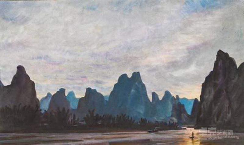 《漓江朝晖》纸本水彩   殷保康 38×56cm 2000年