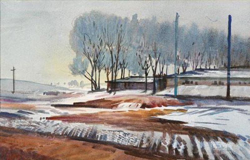 《北国雪霁》 纸本水彩   殷保康 25.5×35.6cm 2006年