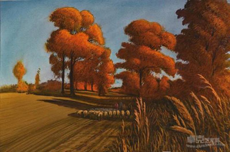 《深秋归牧》纸本水彩    殷保康 57.5×77cm 2008年