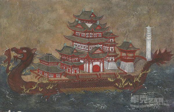 夏虫国-龙船 汤柏华 石膏版上矿物色 2011年 108×73cm