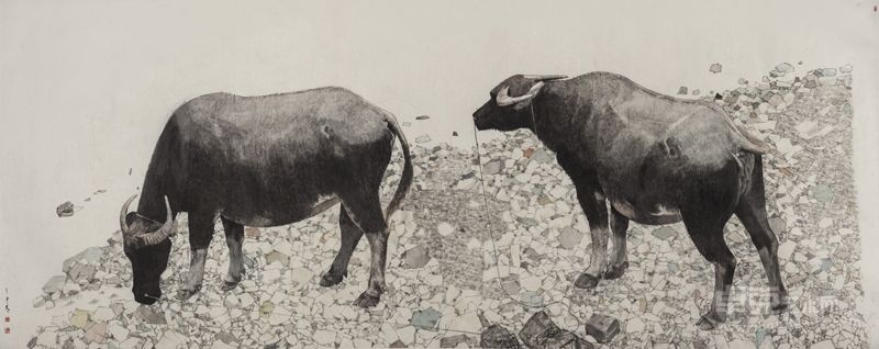 双牛图，纸本设色，145×360cm，2014