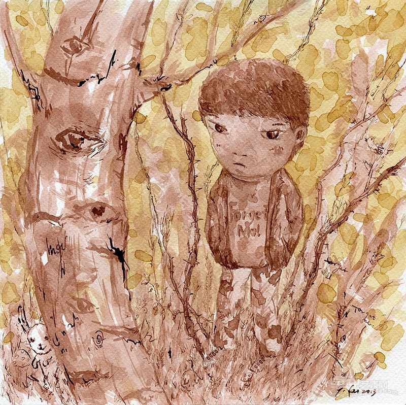 走入荆棘,24.8x25cm,india ink and tea on paper,2013