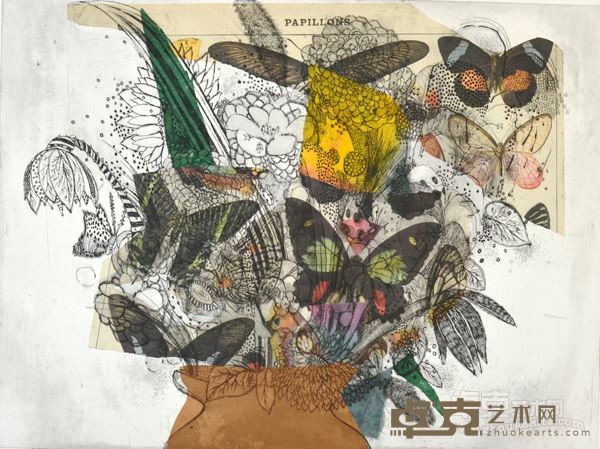 《瓶中鲜花： Papillons》 版画 Etchings and chine colle 53x73cm 2004
