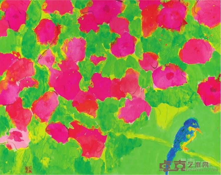 丁雄泉《红花与蓝鹦鹉》 压克力纸本 47x59.5cm1980年代