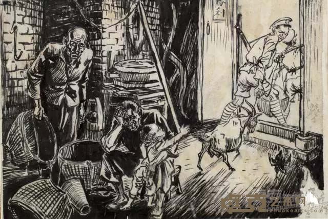粮丁去后画稿 / 28×39 cm / 钢笔纸本 / 1945年
