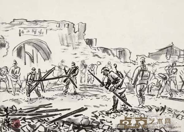 常德东门外——清扫战场 / 23×32 cm / 纸本水墨 / 1944年