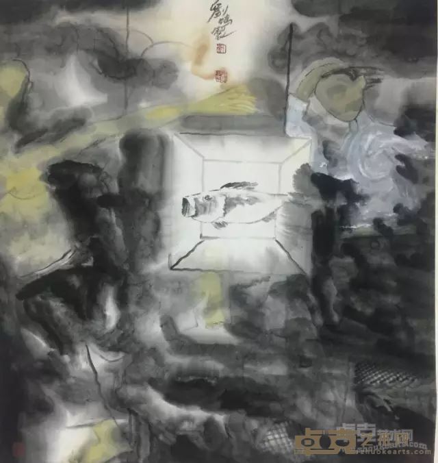鱼，城市风景  68x68cm