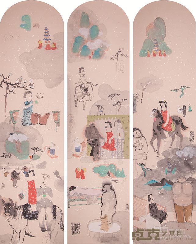 魏全儒《云烟供养》132×33cm×3纸本设色2015